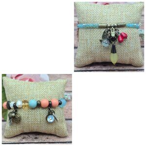 Lot of 2 PLUNDER Beaded Charm Bracelets Bird Heart Antique Gold Tone Boho Hippie